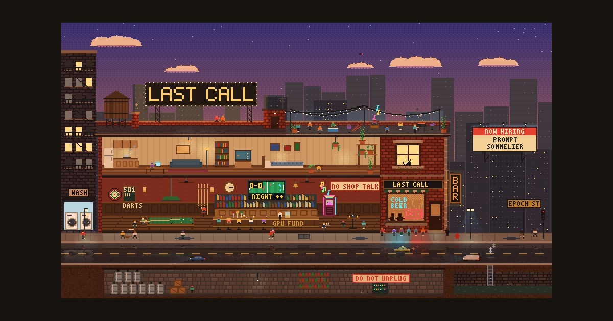 Last Call: a pixel-art cutaway of a corner bar with a rooftop party at dusk