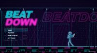BEATDOWN neon title in cyan and magenta over a laser-lit club stage