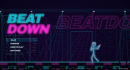 BEATDOWN neon title in cyan and magenta over a laser-lit club stage